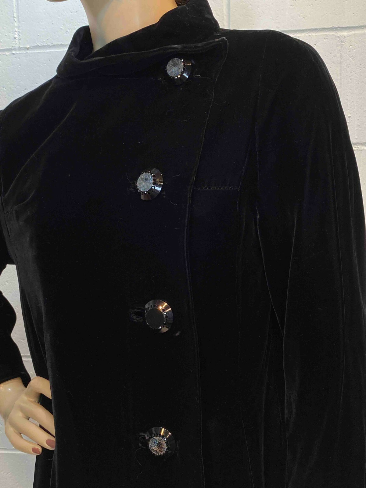 S~M Vtg 60s VELVET Dress COAT Black Elegant Asymmetrical USA Rhinestones GLAM
