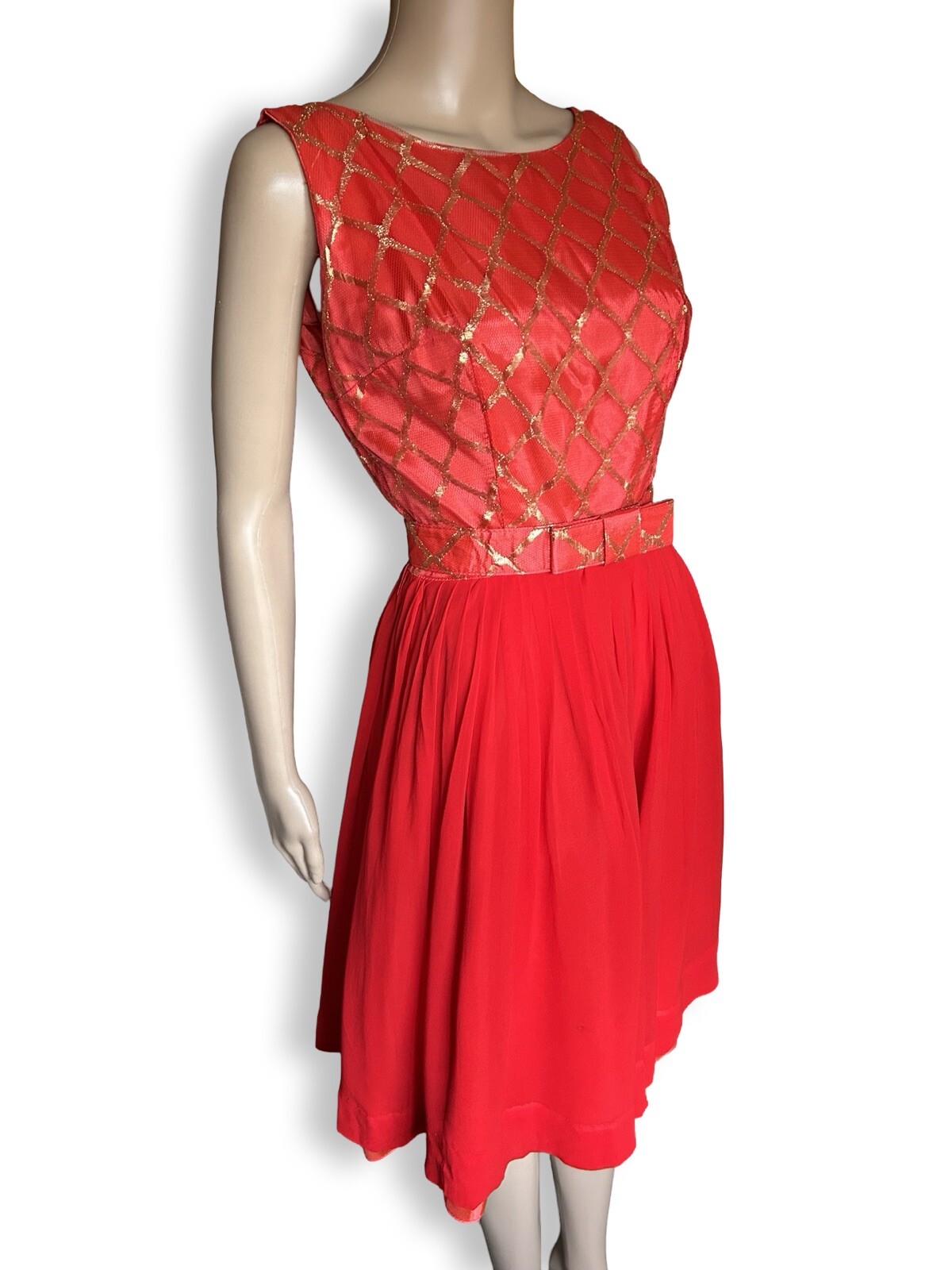 Vintage 1950s Gold Metallic Geometric Red Silk Chiffon Party Dress Holiday Xmas