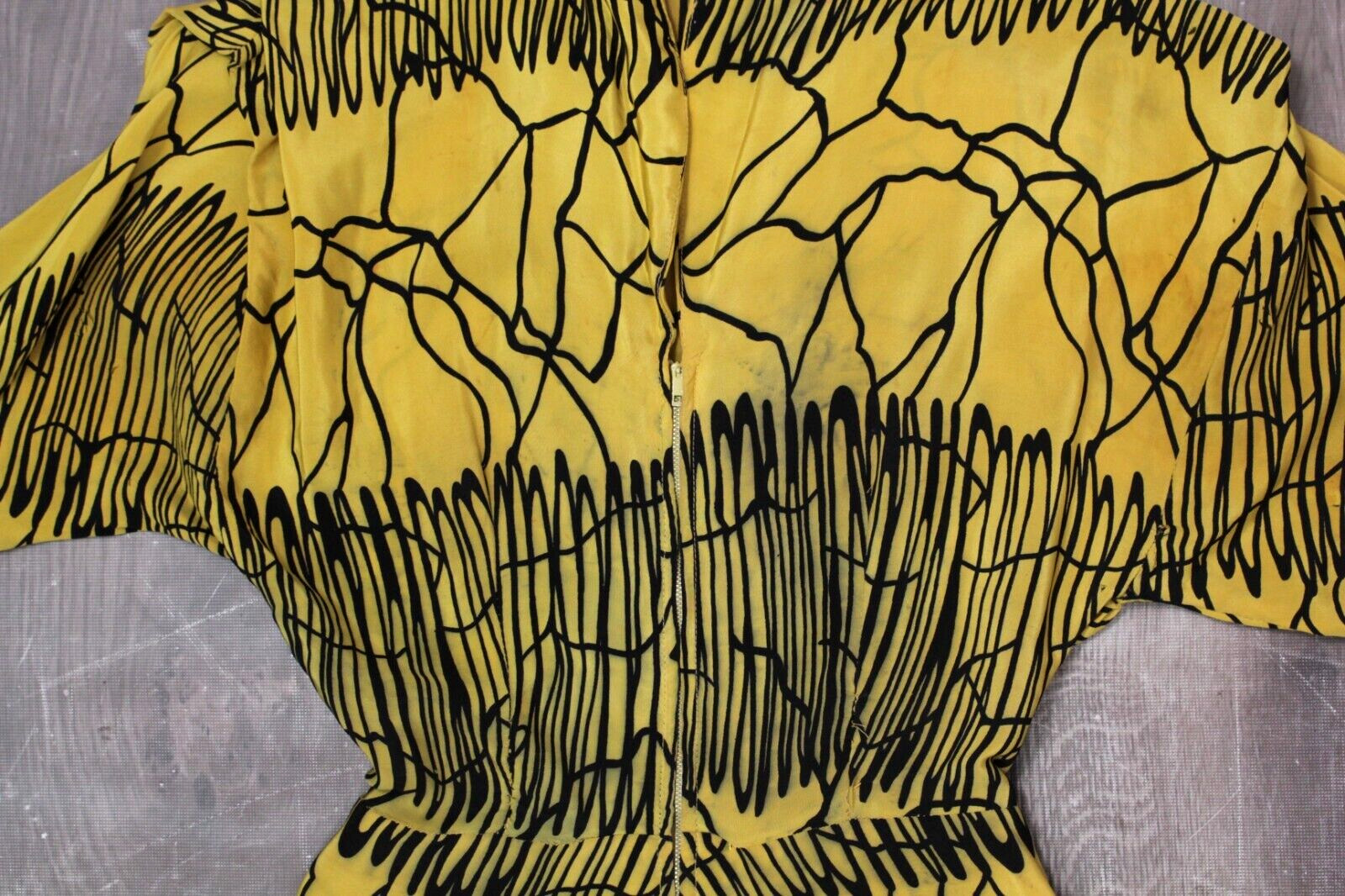 VTG Women’s 40s Yellow & Black Silk Zip Up Silk Dress Sz XS 1940s Claudia Young