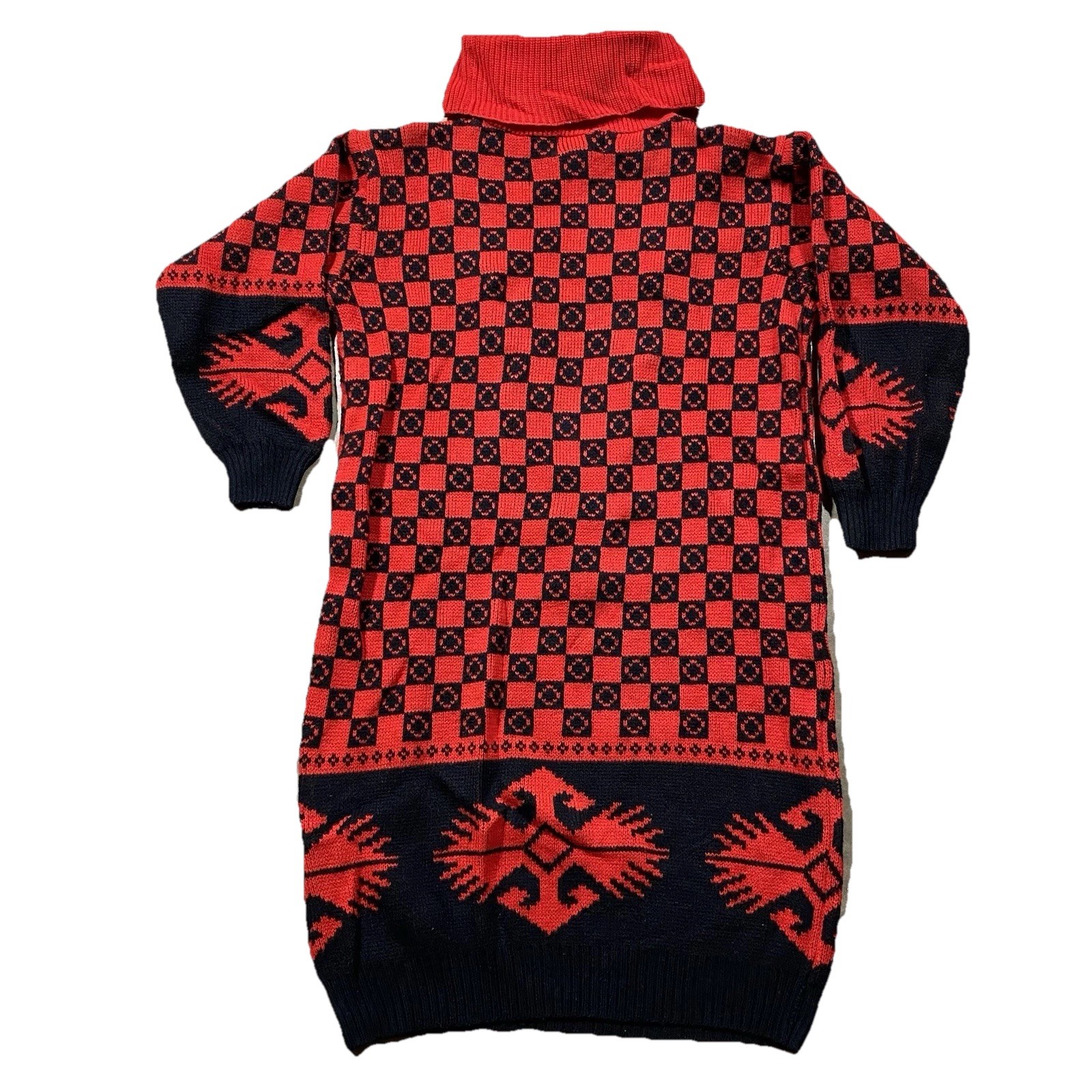 Vintage 80s Dressy Tessy Sweater Dress S Red Black Geometric Knit Taiwan ROC