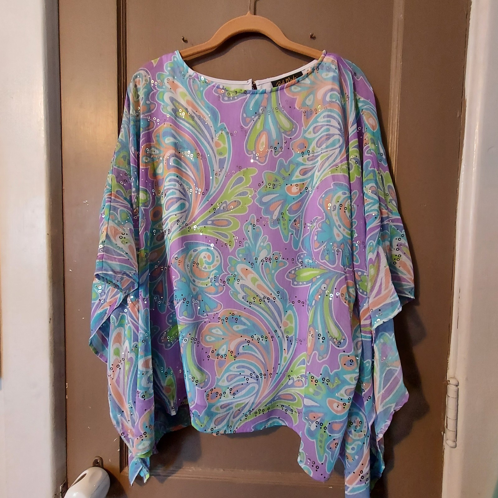Vintage Bob Mackie Sequin Pastel Paisley Batwing/Kaftan Top w/ White Shell Sz M