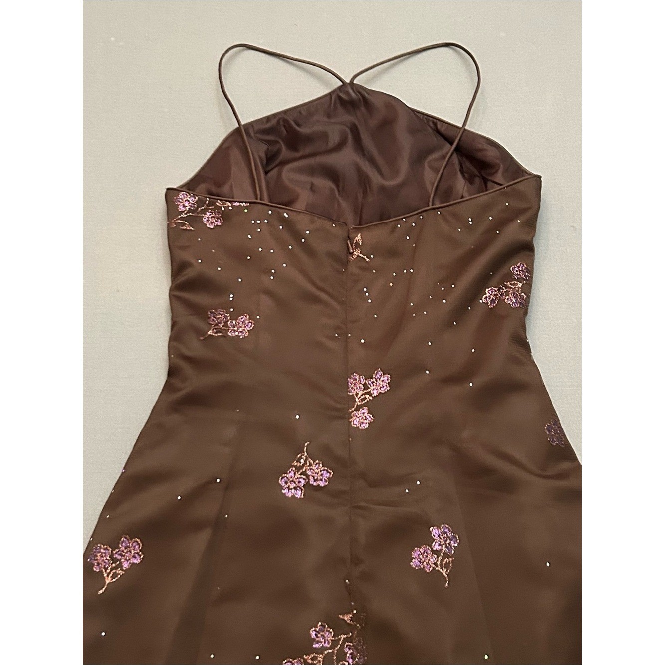 Vintage Y2K 90’s Onyx Nite Brown Satin Party Dress w/ Sparkles and Lace Overlay