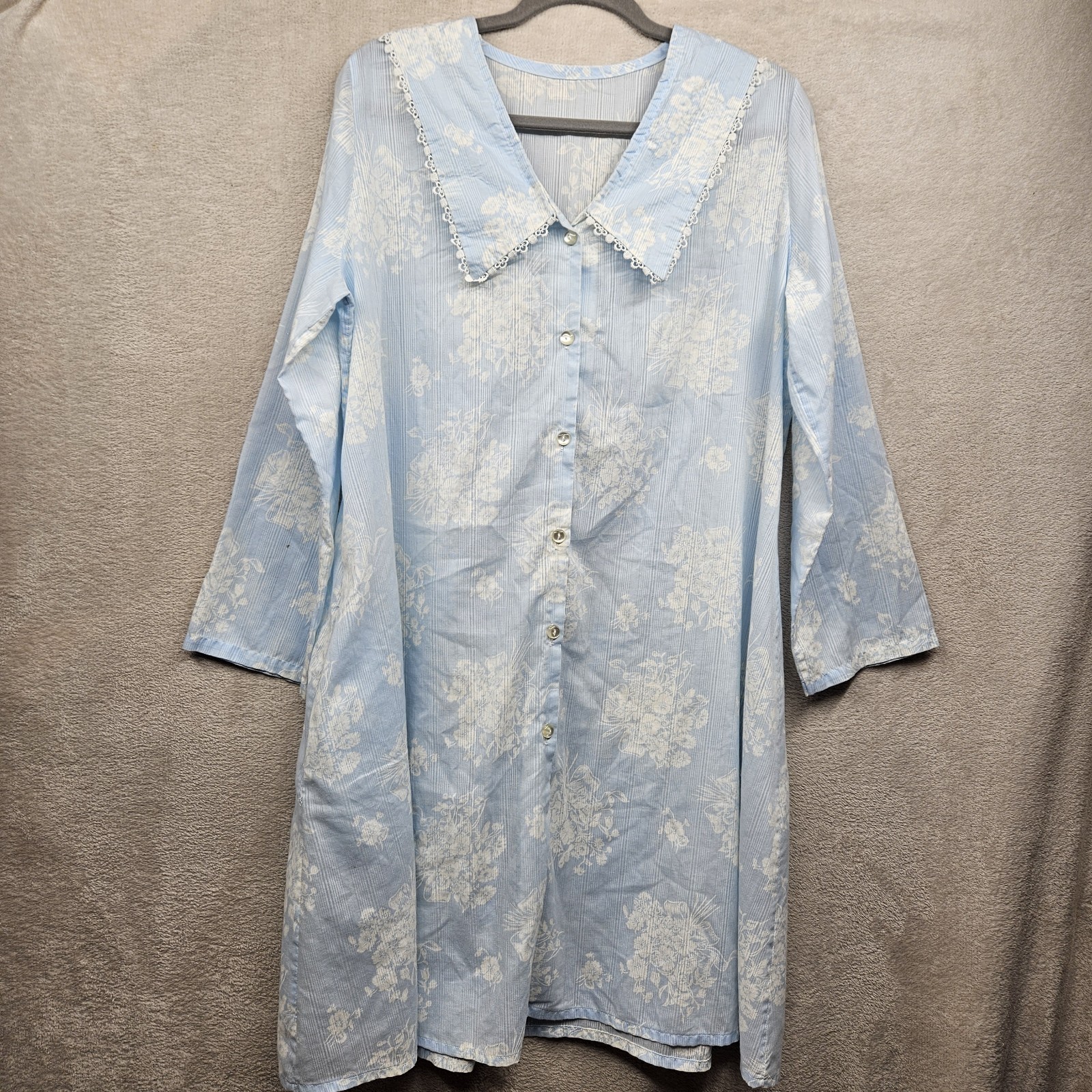 Vintage Dutchmaid Housecoat Womens Large Blue Floral Nightgown Button Front