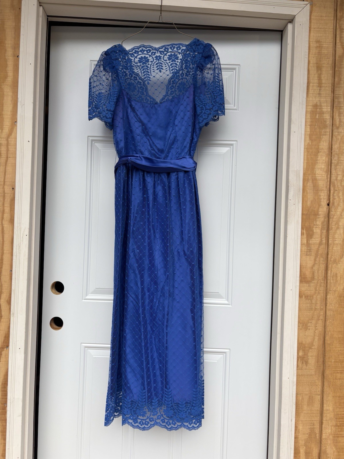 Vintage 70’s Blue Lace Overlay Formal Fit And Flare Full Length Dress