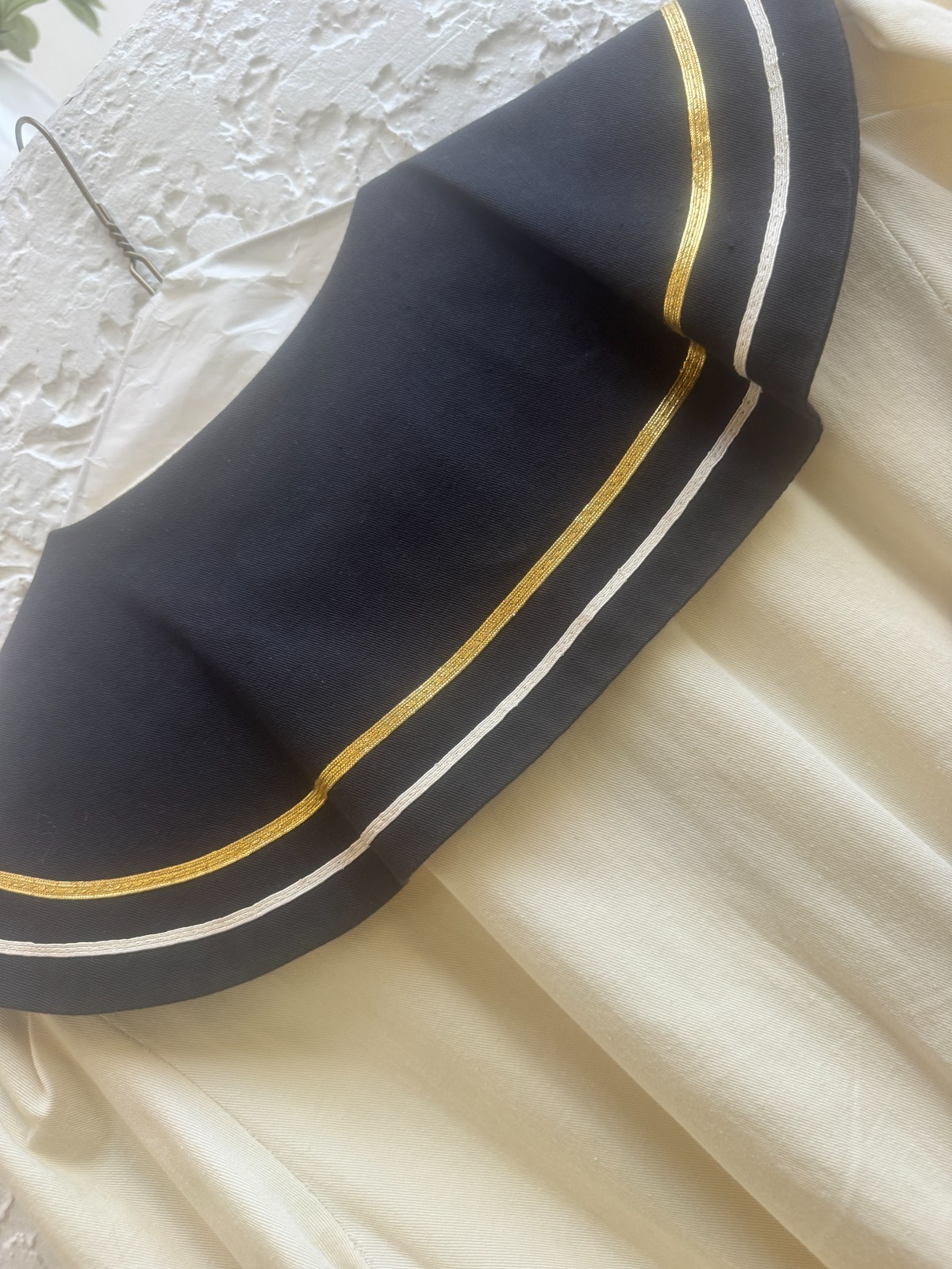 Vintage 80s Sailor Dress Cream Navy Gold Stripe Cotton Midi Nautical Fit & Flare