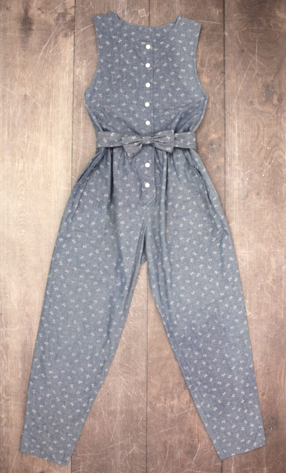 Vtg Women’s 80s 90s Blue Cherry Print Laura Ashley Fabric Jumpsuit W/ Belt XS