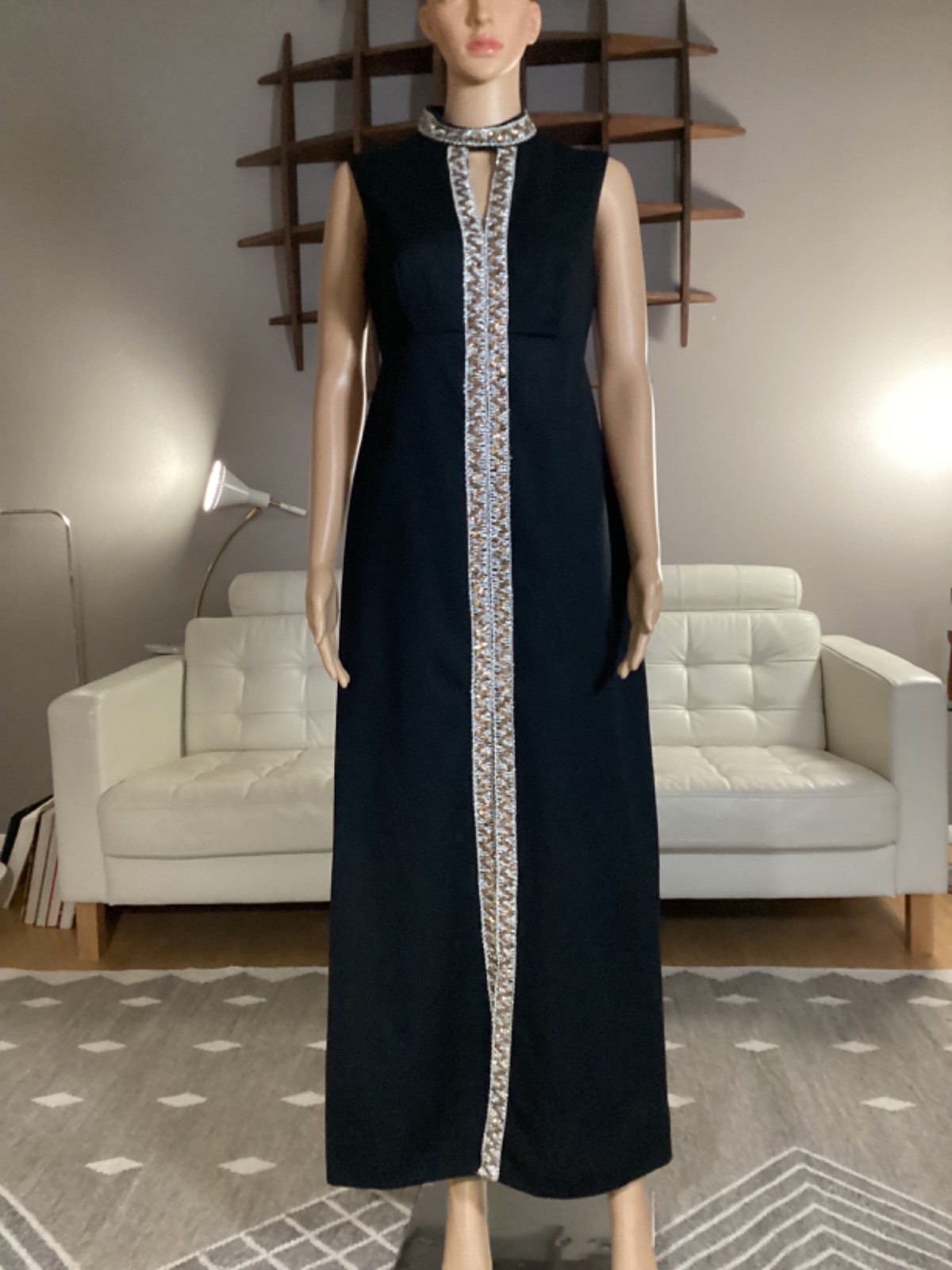 Vintage 70’s Black Poly Sleeveless Metallic Gold Silver Trim Maxi Dress Party