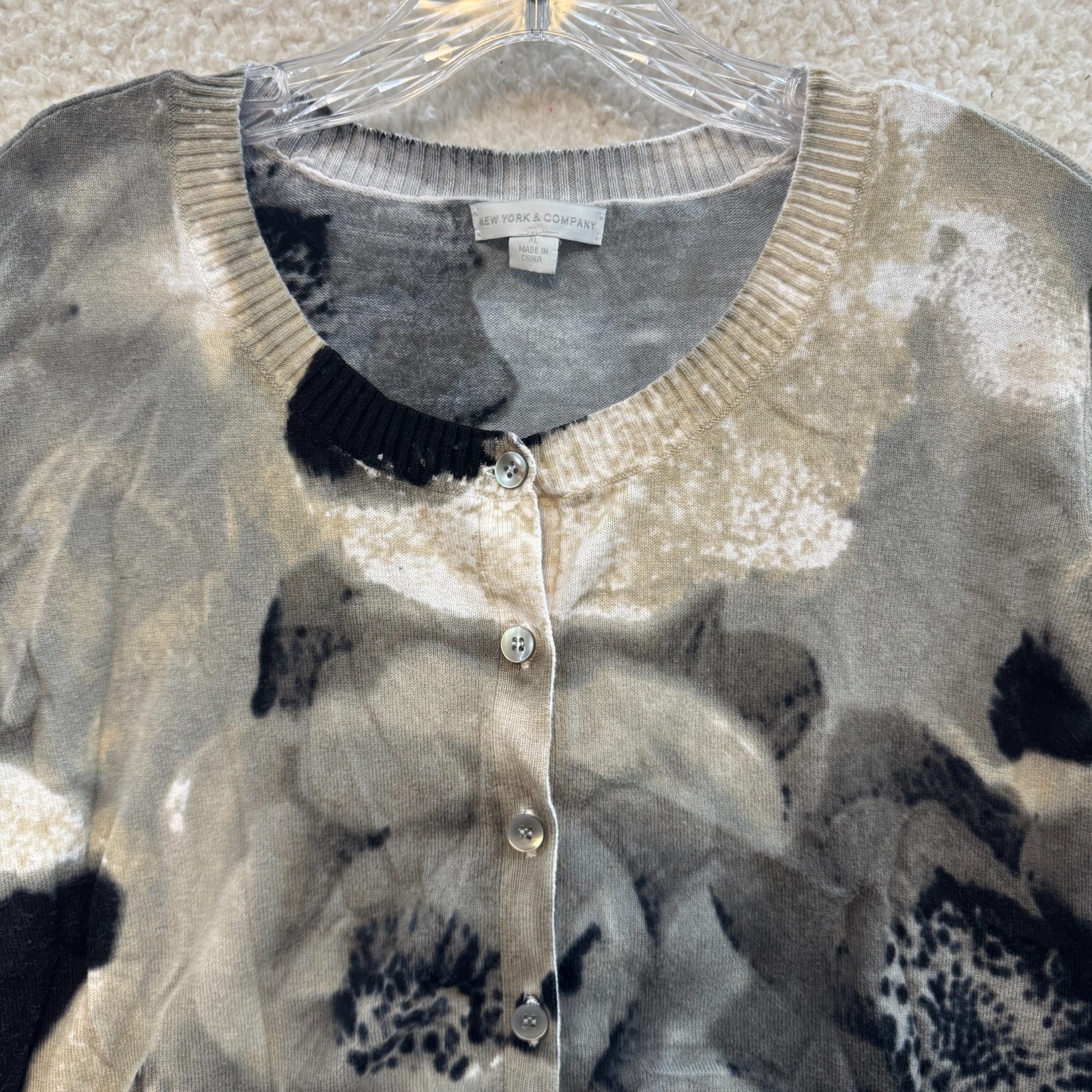 Y2K Vintage Cardigan Sweater XL Grey Rose Floral Cropped Bolero Shrug 3/4 Sleeve