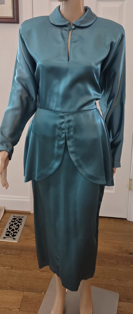 Unique Vintage 1980s Norma Kamali Green Satin Cocktail Midi Dress with Peplum