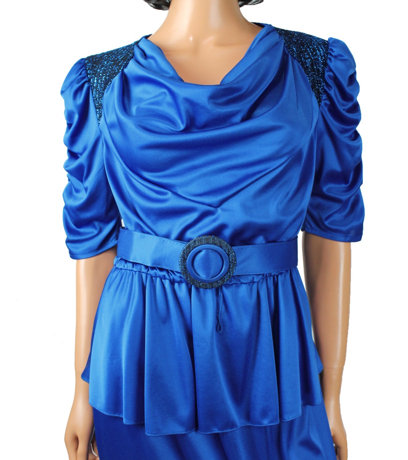 80s Cocktail Gown Sz 13 M L Vintage Sparkly Blue Peplum Stretchy Prom Dress