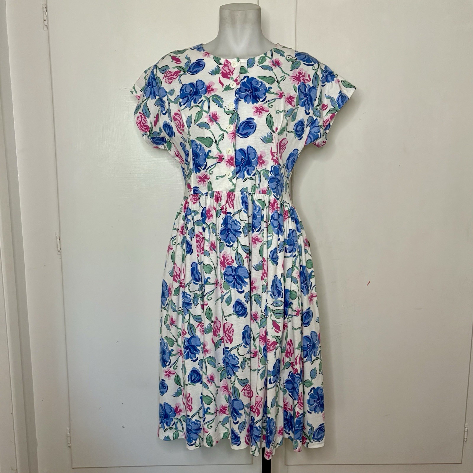 Vintage 90s White Blue Pink Floral Cotton Knit Jersey A Line T Shirt Dress