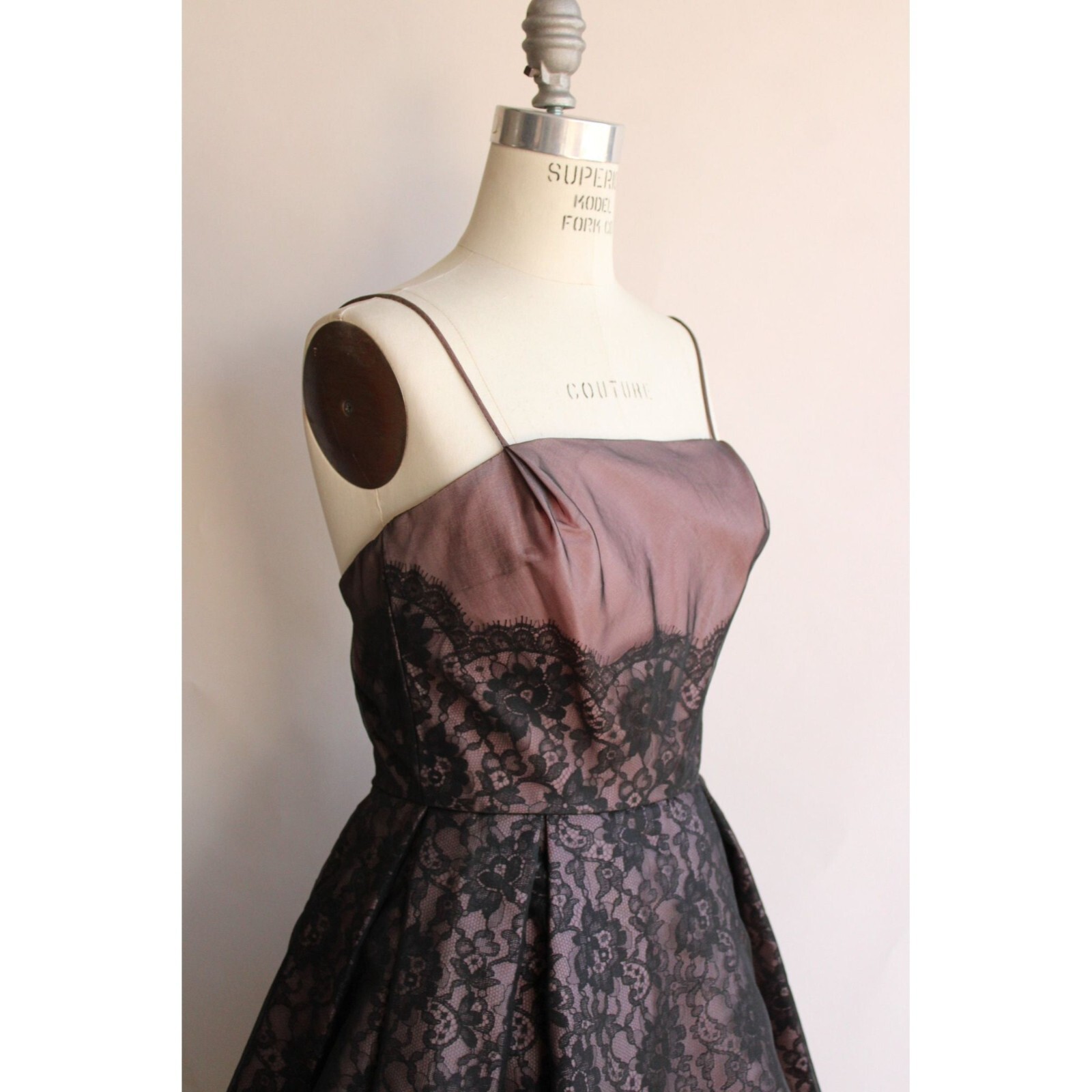 Vintage 1950s Dress, I Magnin Black and Pink Lace Fit and Flare, Extra Small