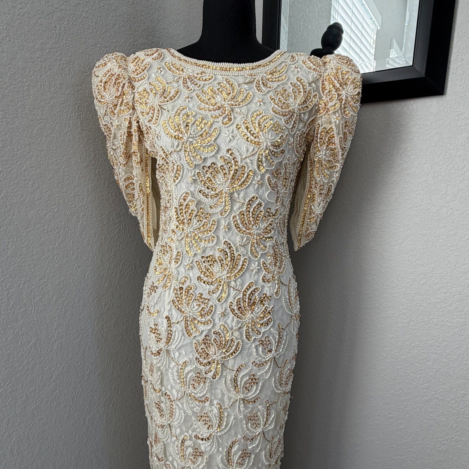 VINTAGE 80s Judith Ann Creations Ivory Gold Beaded Sequin Gown Dress Small