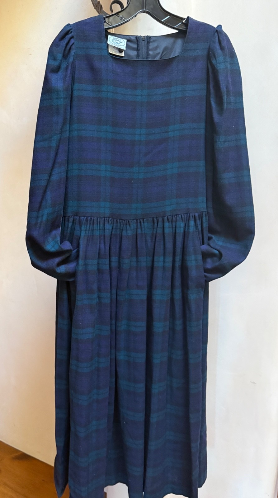 VINTAGE LAURA ASHLEY BLACK WATCH WOOL BLEND DRESS SZ UK 14 US 12 MIDI LENGTH
