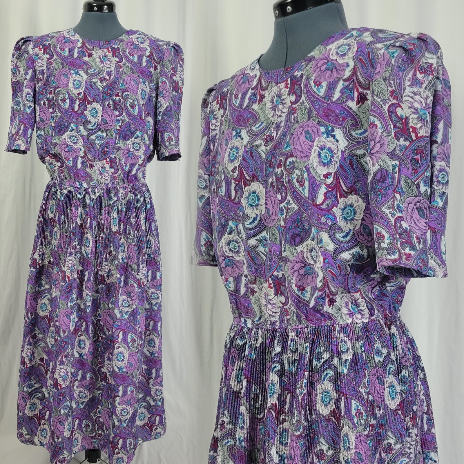 Vintage Lucy Pellini Purple & White Paisley Floral Print Blouson Dress Size 14 T