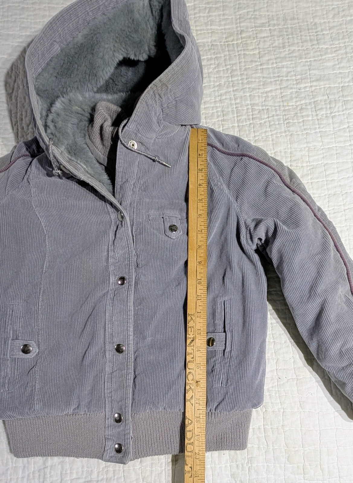 Vintage Mod Maid Coat 60s 70s Women’s SMALL Gray Corduroy Purple Trim Hooded