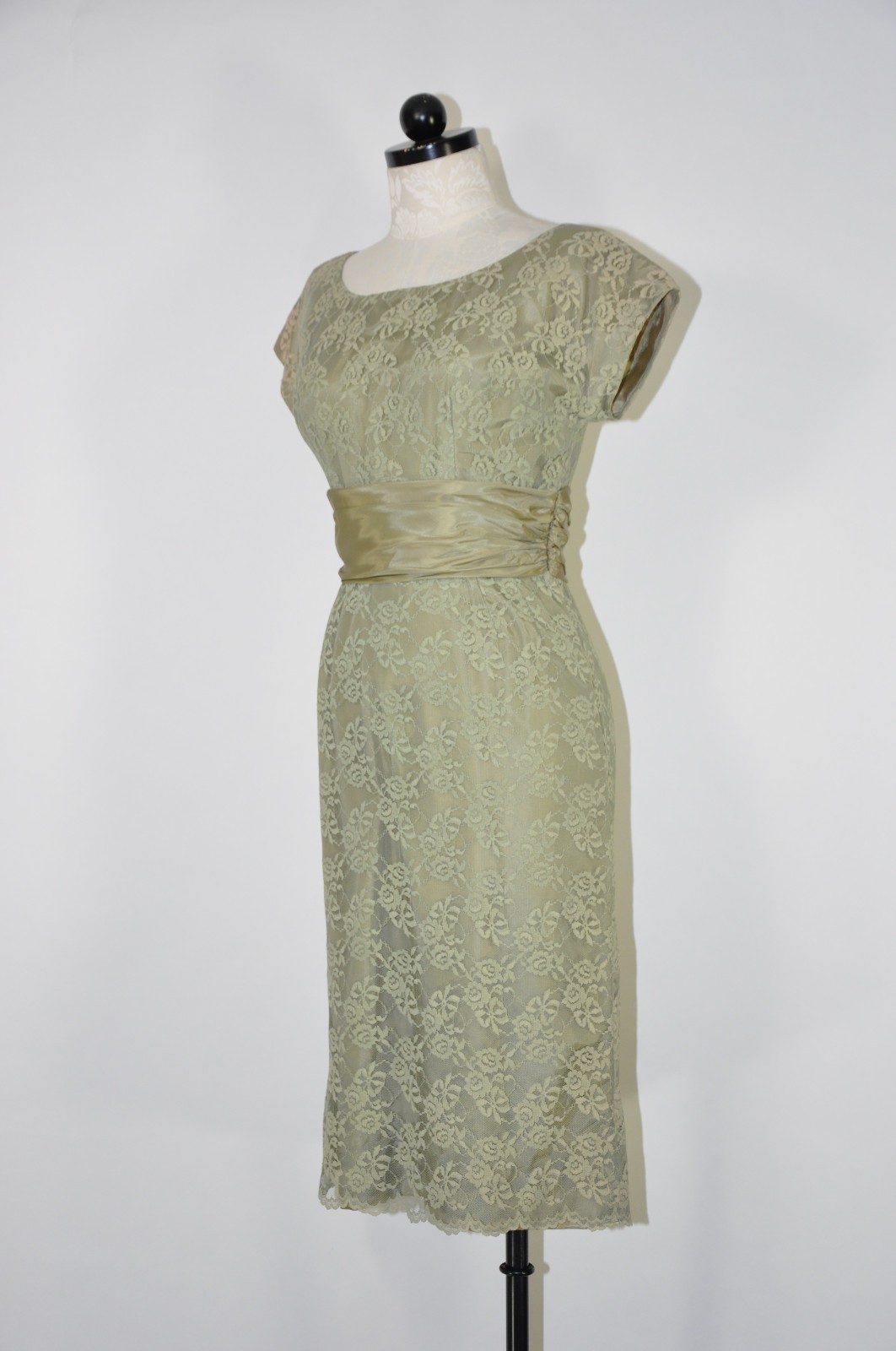60s Vintage Sage Green Floral Lace Midi Sheath Wiggle Cocktail Dress Women XS S