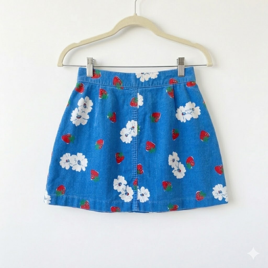 Vintage 1980s-90s Blue Denim Strawberry Floral Mini Skirt Cottagecore Y2K