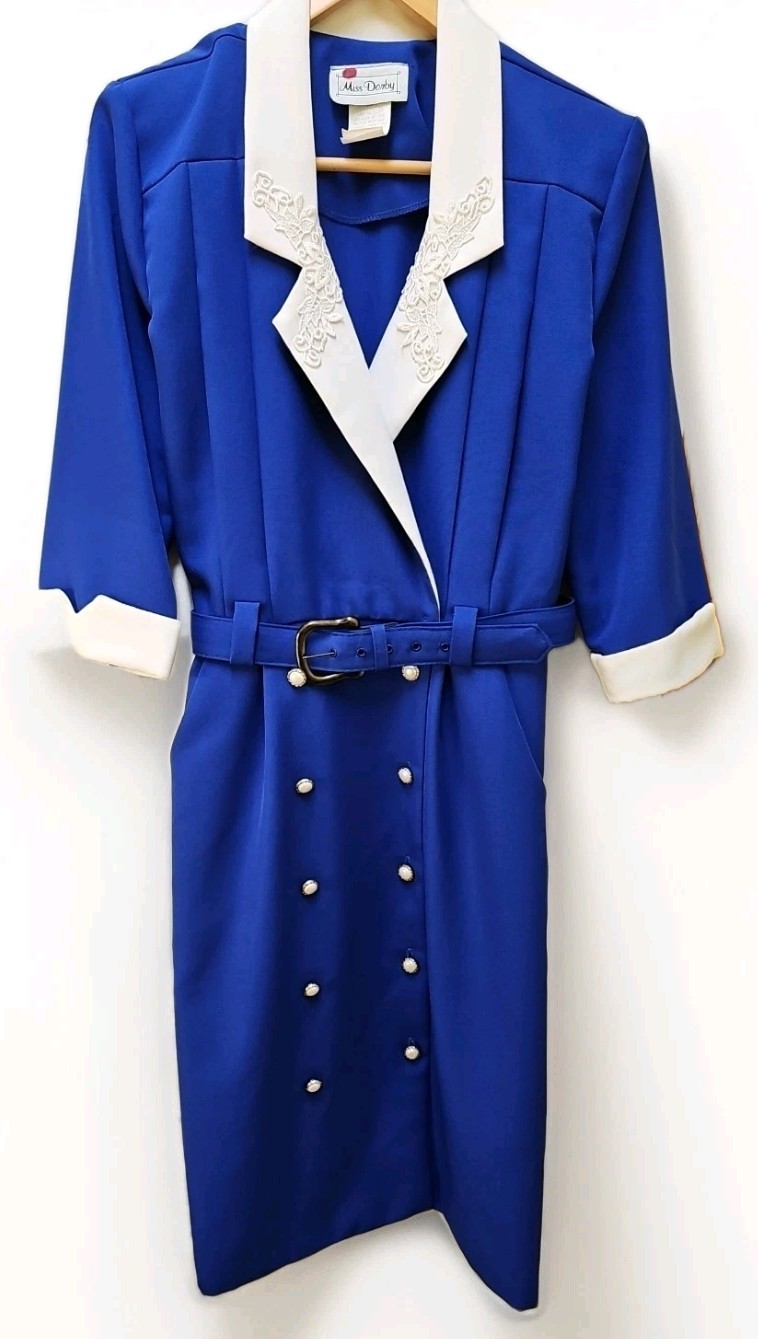 Vtg Miss Dorby Blue & White Double Breasted Belted Blazer Dress 12 P USA ILGWU