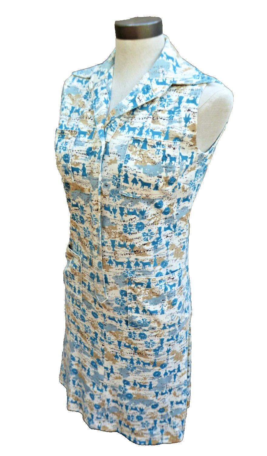 VTG 60s 70s Handmade Novelty Print Shift Dress Blue White Sleeveless Mod Small