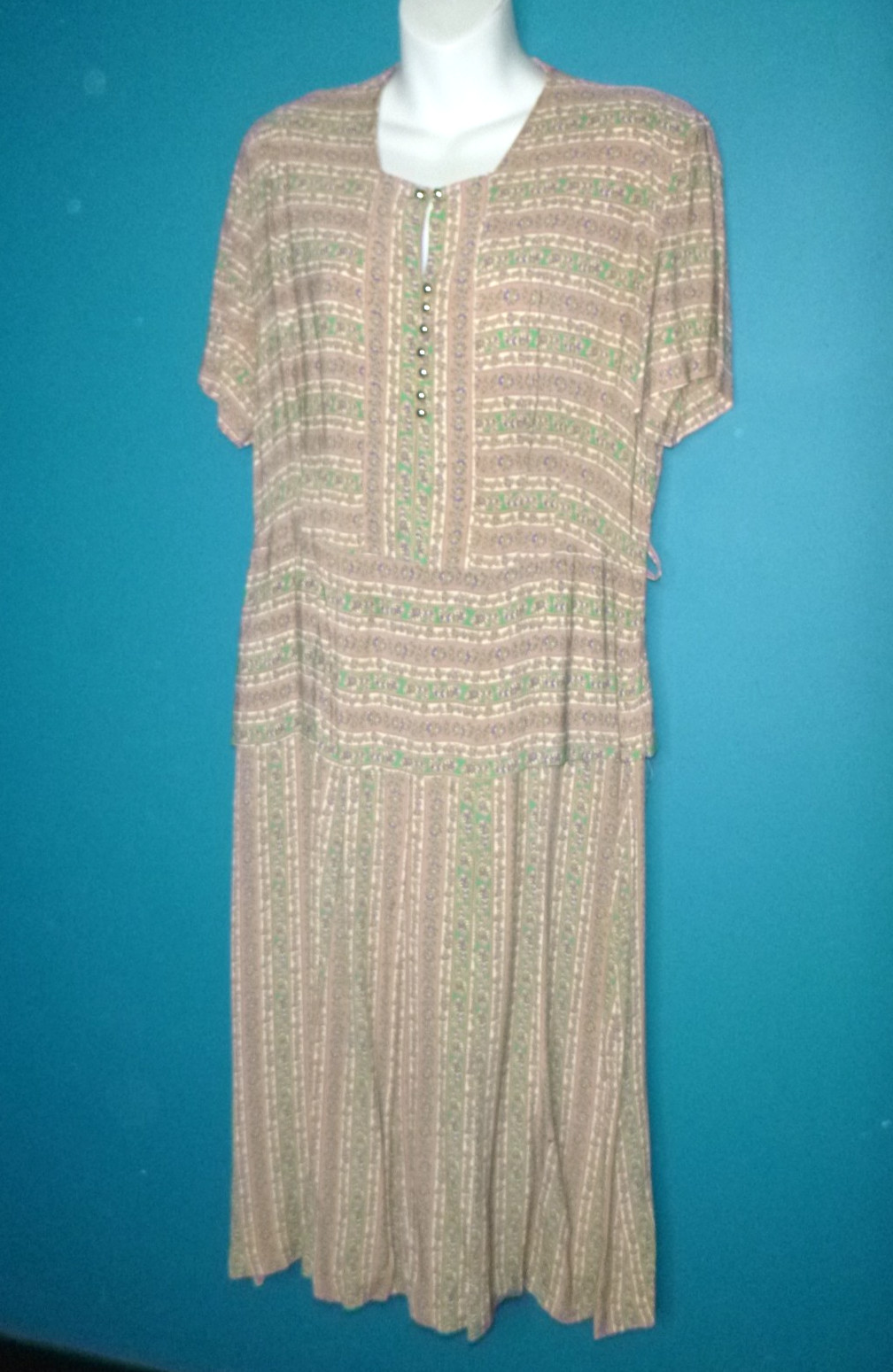 Vtg 40s 50s Rayon Dress Green Tan Blue Floral Stripes W/ Peplum VOLUP Sz XL