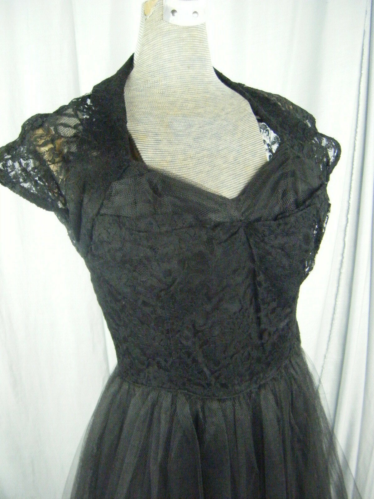 Vtg 50s Black Illusion Sheer Floral Lace/Tulle Net Party Dress-Bust 34/XS