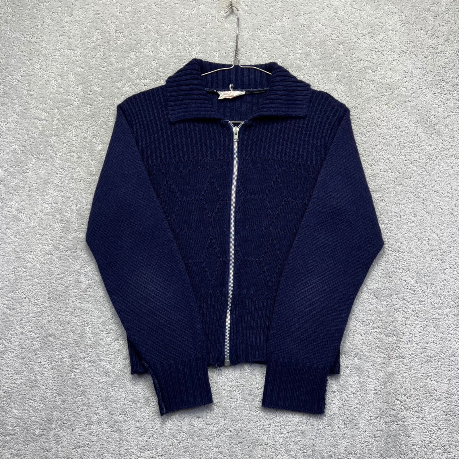 VINTAGE Young Canada Sweater Womens XS/S?? Navy Blue Diamond Knit Zip Up Acrylic