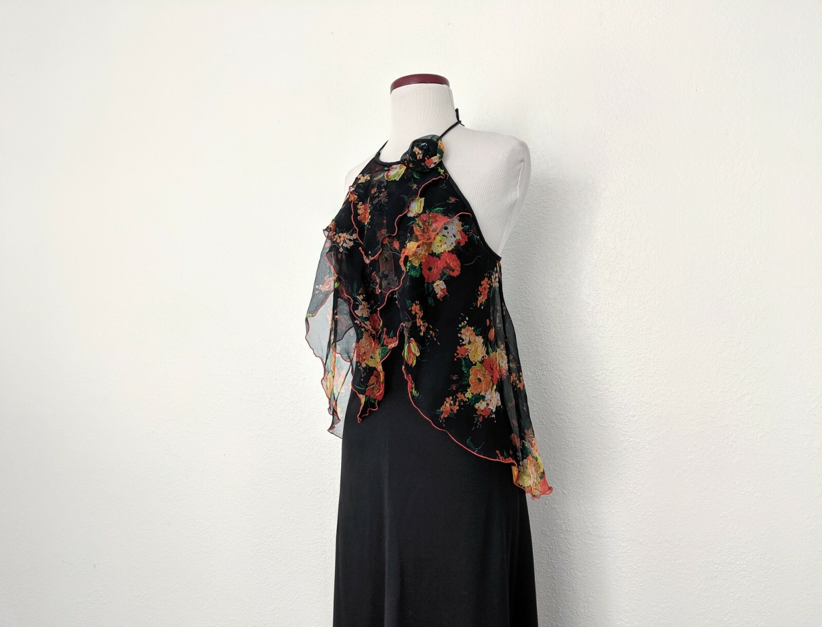 Vintage 70s Black Floral Maxi Dress, 1970s Boho Halter Top Long Jersey Dress