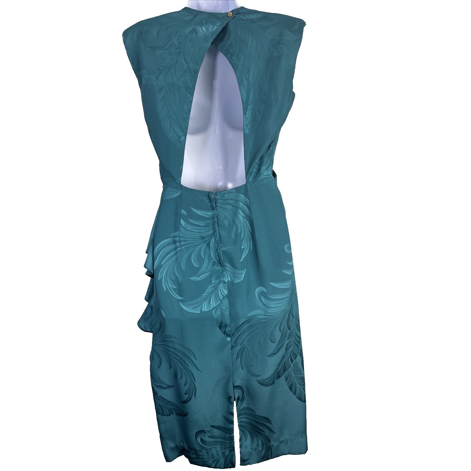 Lola Collections Dress Womens 4 Teal Jacquard Leaf Draped Open Back Ruffle 80s