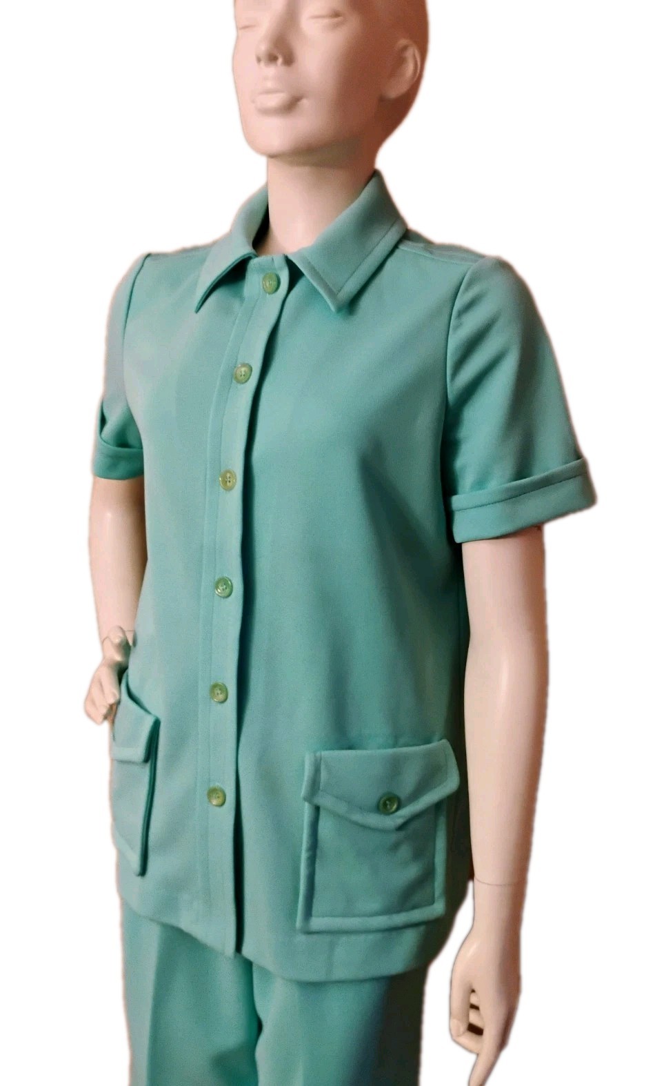 VTG 60’s „Devon” Sea Foam Green Double Knit Poly Mod Bell Bottom Pants Suit