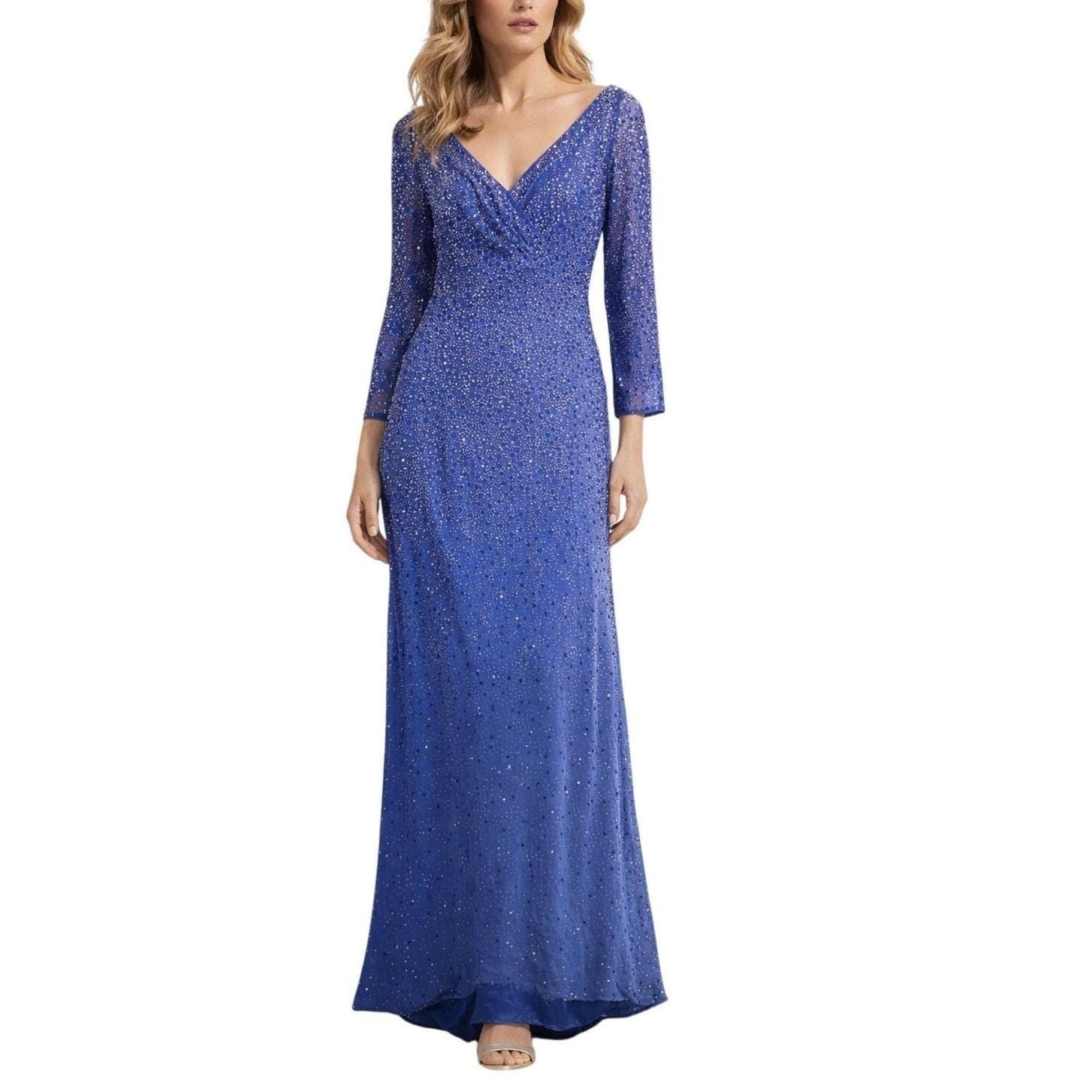 Vintage Mon Cherie Embellished Evening Gown Blue Size 12 Formal Dress Wedding
