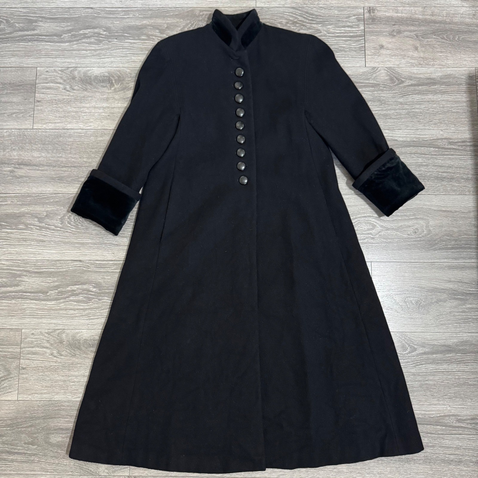 Donnybrook Victorian Black 100% Wool Maxi Coat Velvet Trim Mandarin Collar Sz 2