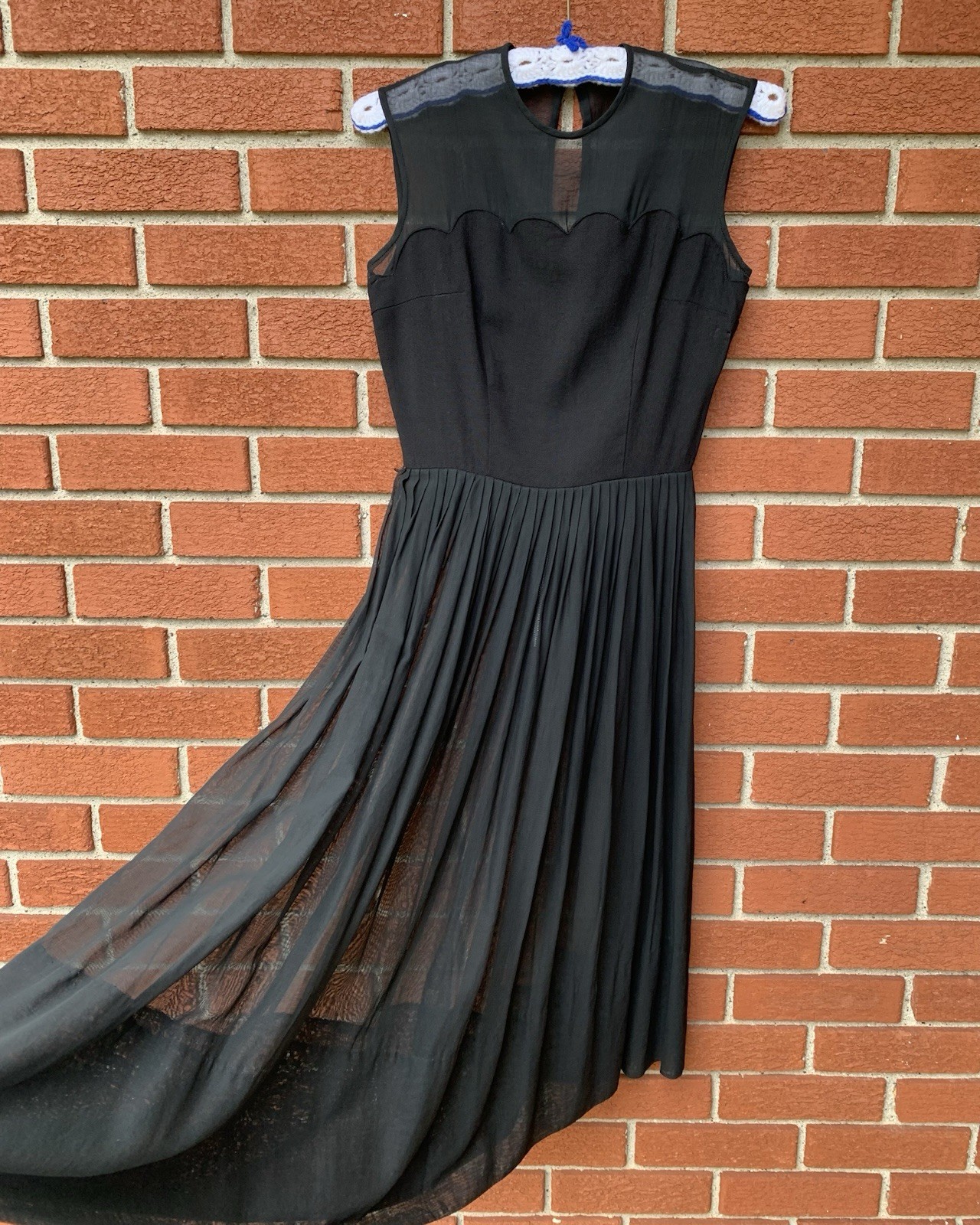 Vintage 1950s 1960s L’Aiglon Sheer Black Chiffon Scalloped cocktail dress XS LBD