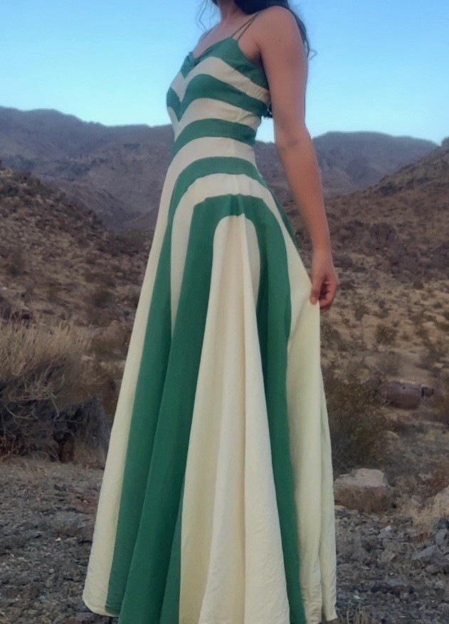 1940s Radial Stripe Rayon Taffeta Maxi Gown