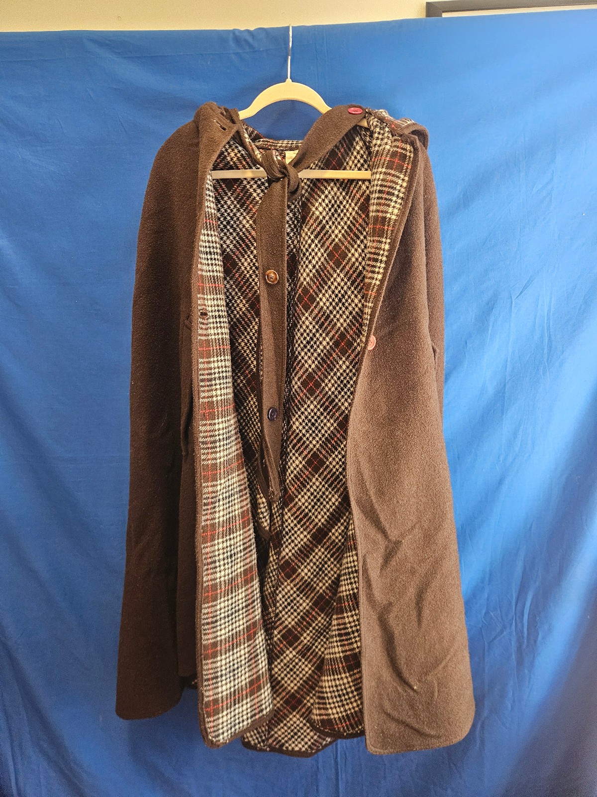Vintage Brown Wool Hooded Cape with Houndstooth Plaid Lining