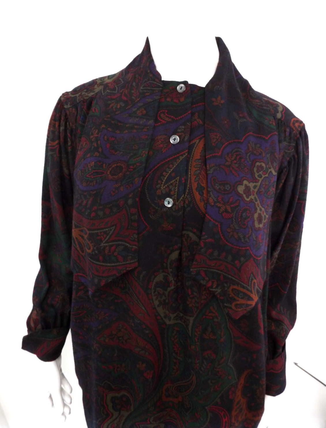Vintage 1980s KENZO Paisley Wool Dress French Cuffs Pussybow Pockets Sakowitz