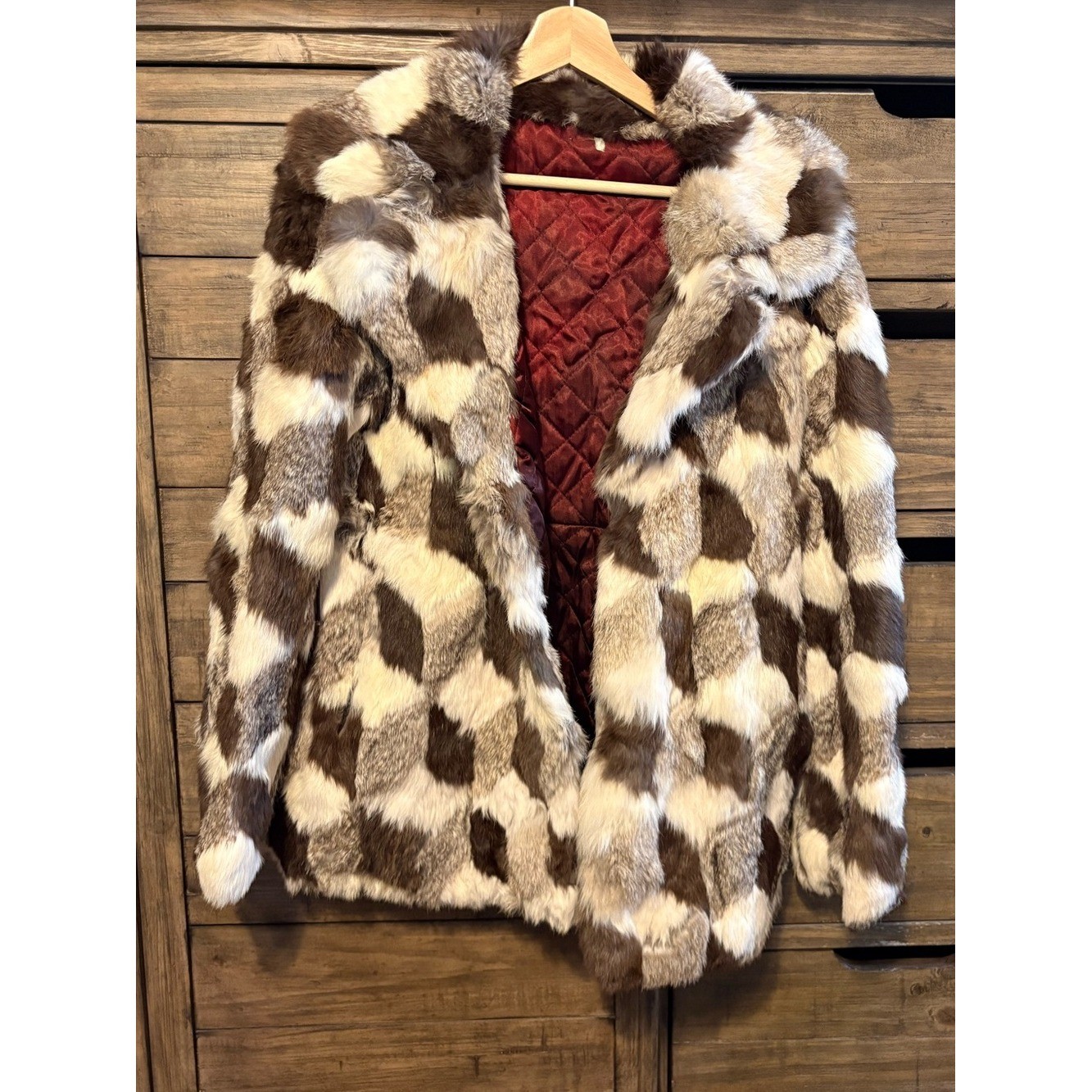 Vintage Genuine Rabbit Fur Patchwork Coat Brown Cream Western Luxe Jacket