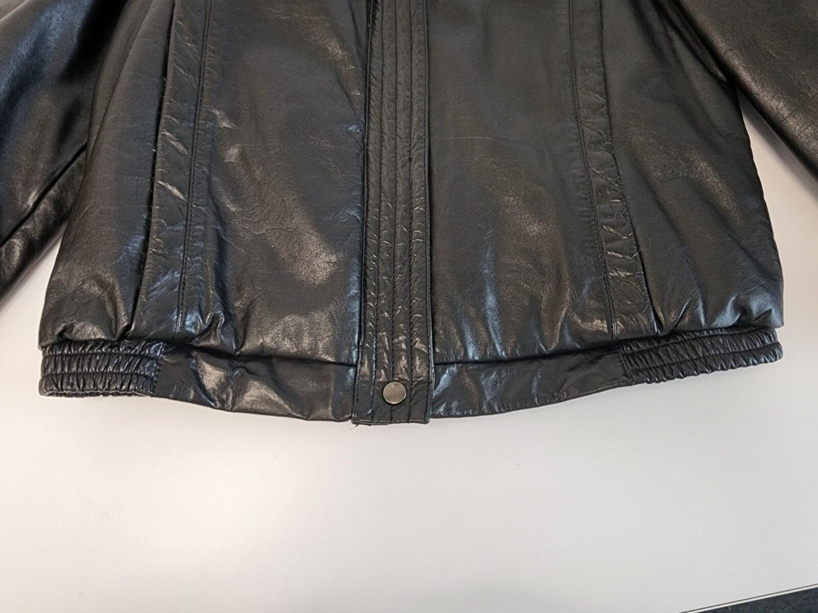 Vintage Womens Black Leather Jacket Bomber Full Zip Elastic Waist Size 13/14