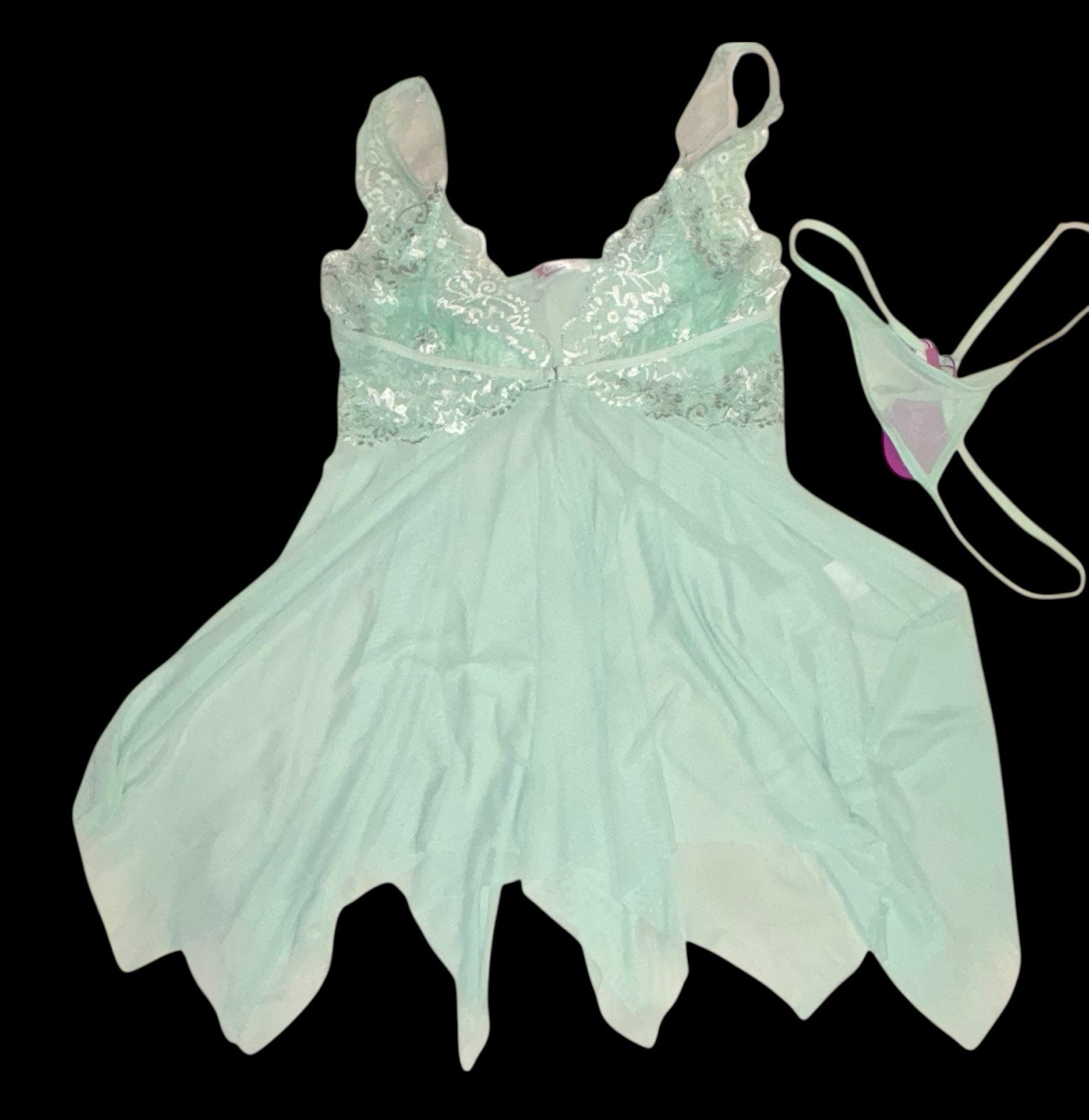 2PC AVIDLOVE Mint Green Shiny Sheer Lace Nightie & String Bikini Panties L NWT
