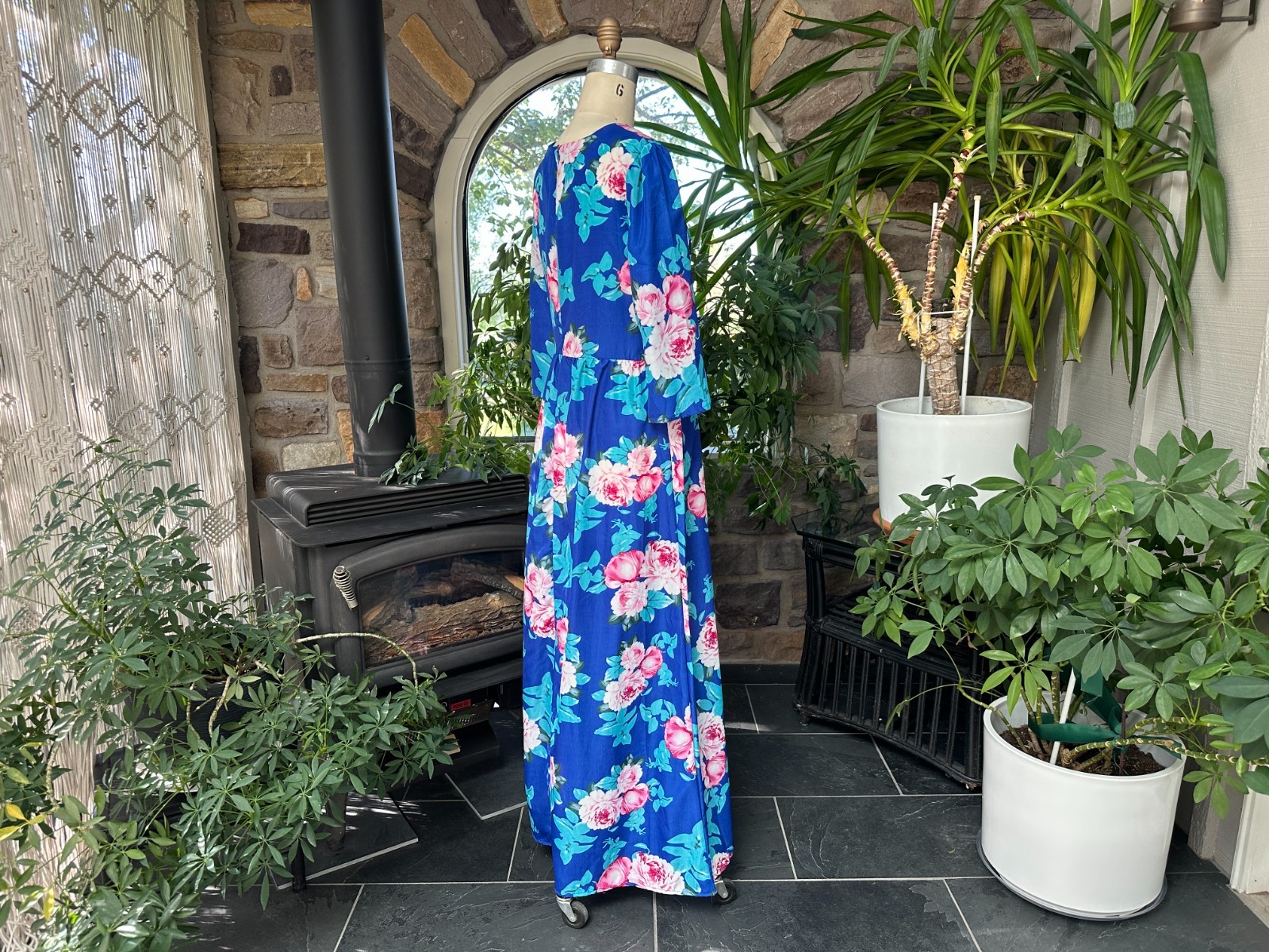 Vintage 1980s Blue and Pink Floral Summer Maxi Dress