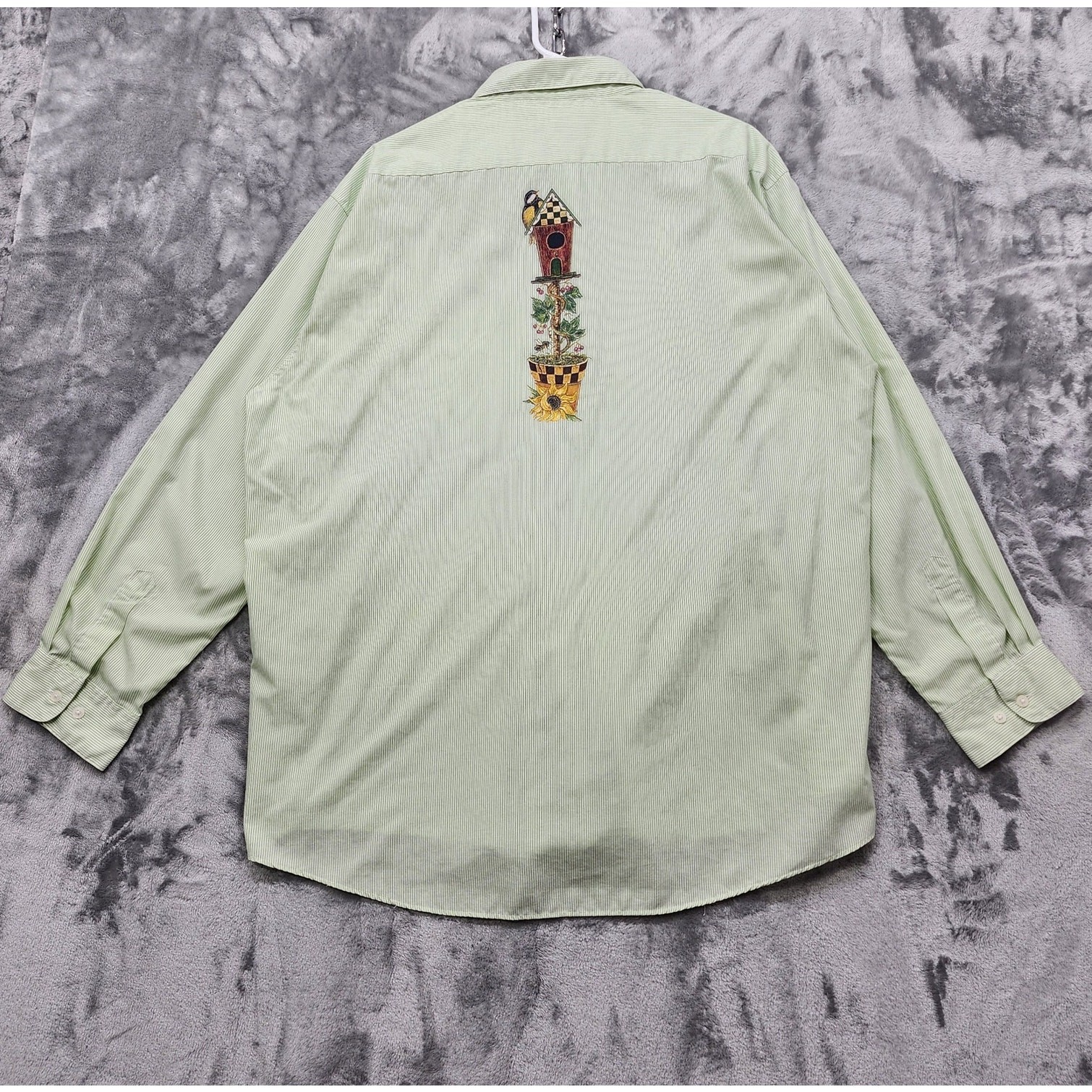 Vintage Get Lucky USA Top Womens 1X Green Striped Long Sleeve Bird House Flowers