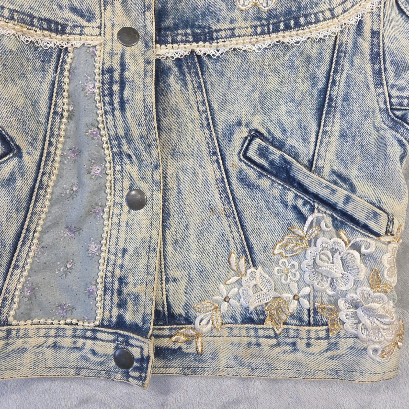 Vintage YR Acid Wash Upcycled Denim Jacket Butterflies Lace Crop S Retro Y2k