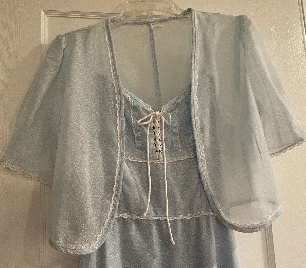 Vintage 1970’s 2Piece Maxie Dress Size Small Pale Blue & White W Bolero Top
