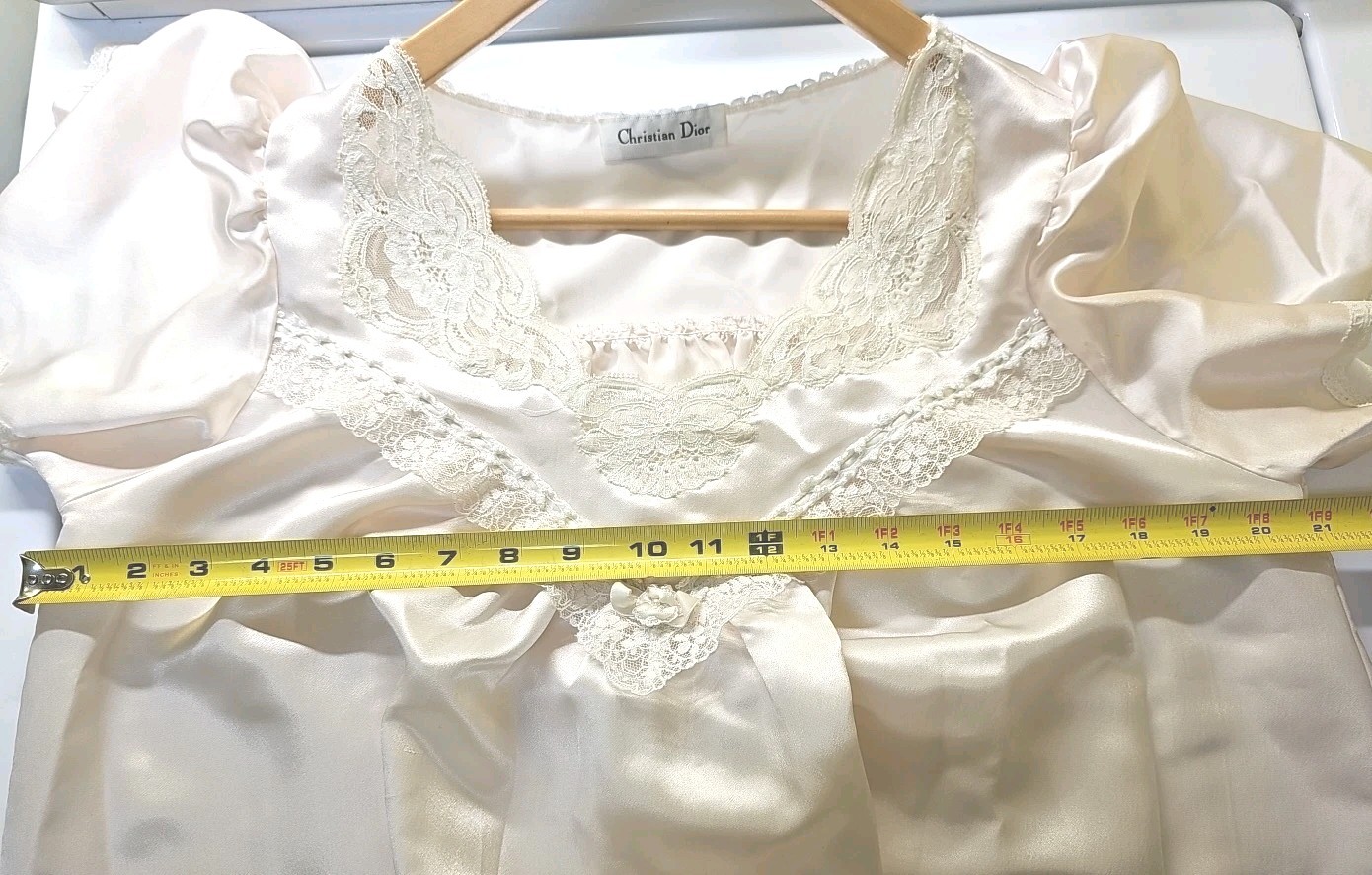 Vtg Christian Dior Silky Poly Satin Long Gown Ivory Pink Lace Detail ?Medium?