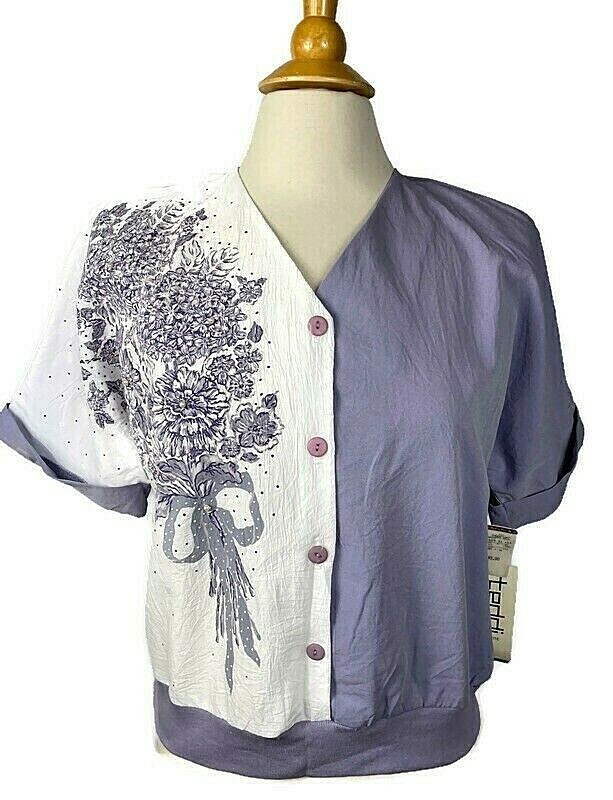 VINTAGE Teddi Petite Women’s Top Petite PM Lavender White Floral Pearls
