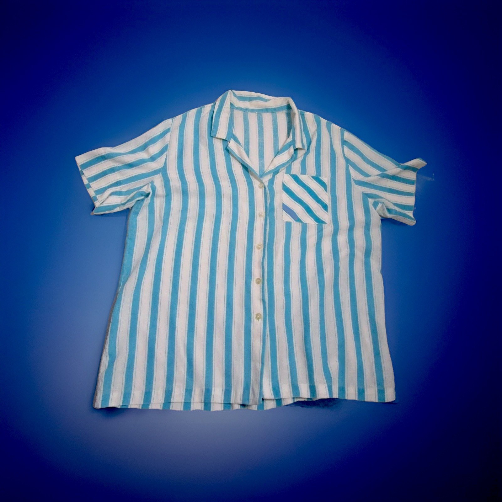 Handmade Vintage Single Stitch Light Turquoise Button Up Short Sleeve Blouse L