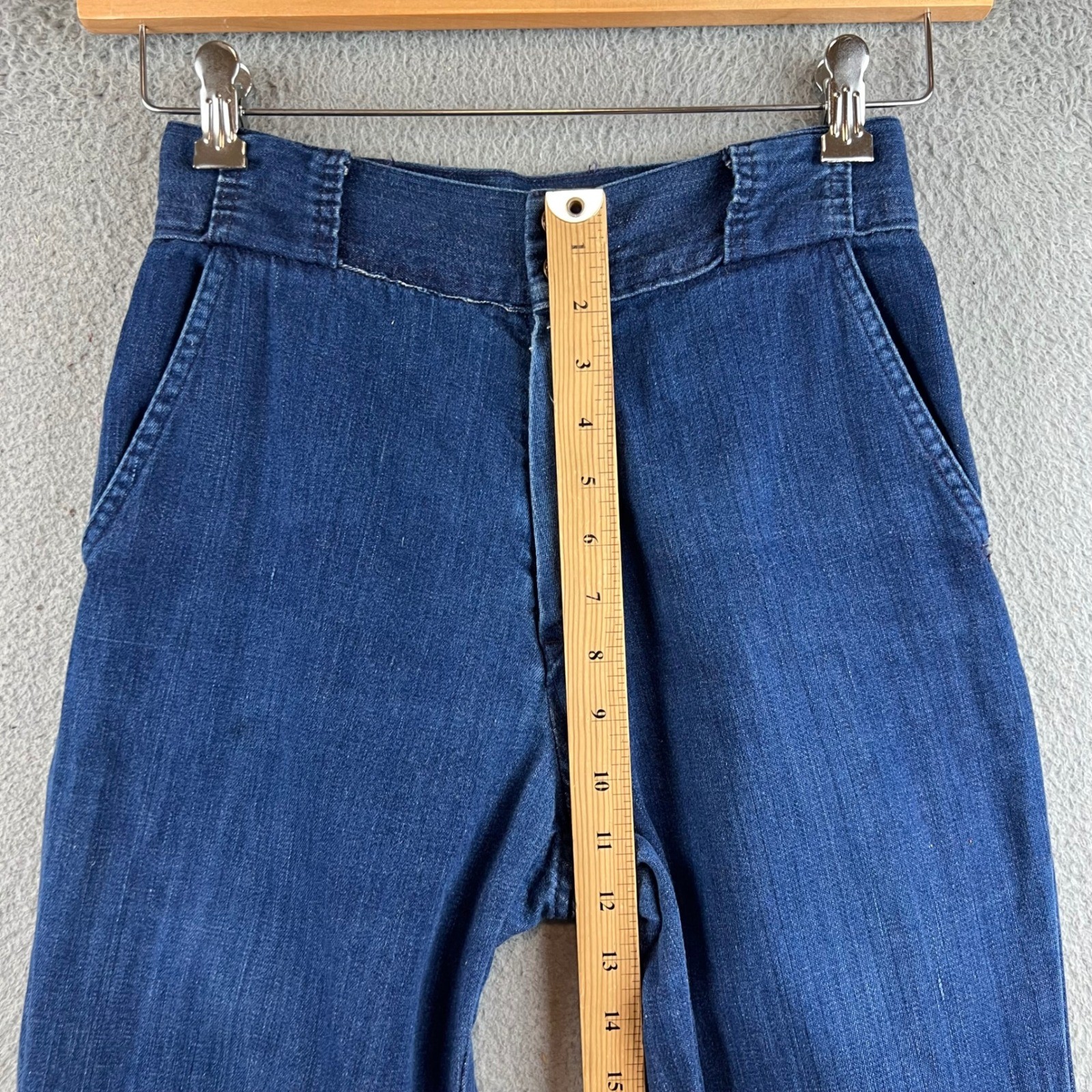 Vintage 70s High Waisted Flare Leg Denim Jeans Indigo Blue Wide Leg Trousers 26