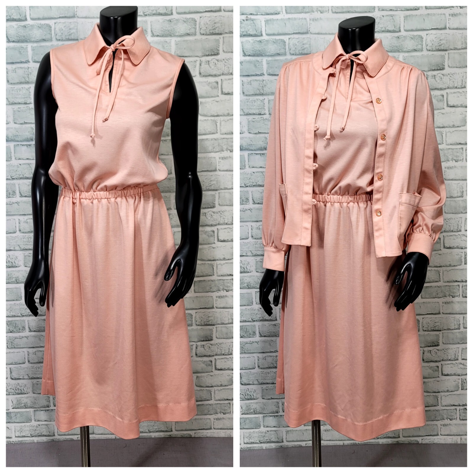 Vintage 70s Butte Knit S/M Peach Pink Day Dress & Jacket Polyester Outfit Set