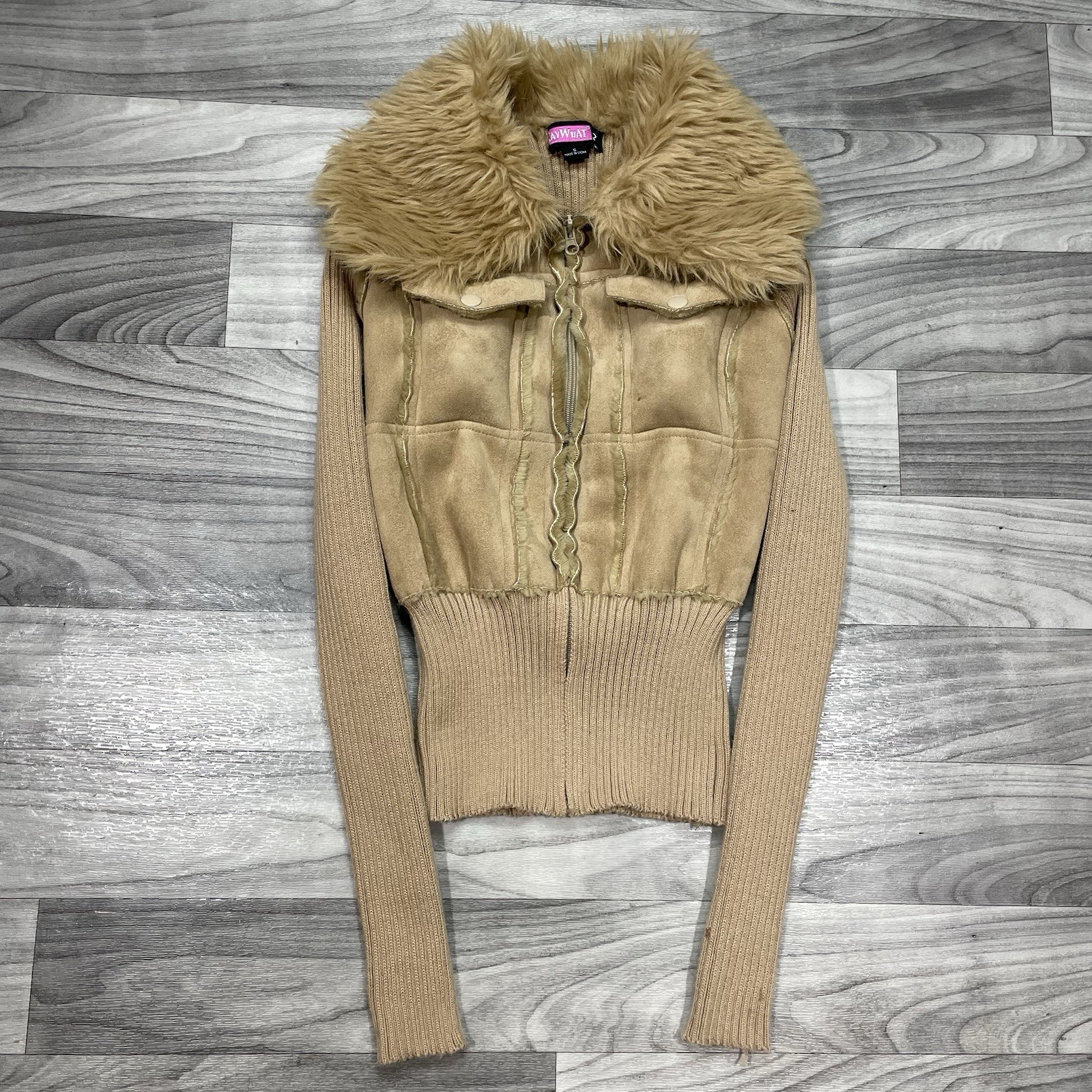 Vintage Faux Fur Cropped Jacket Womens S Diva Coat Collar Say What? Y2K Grunge