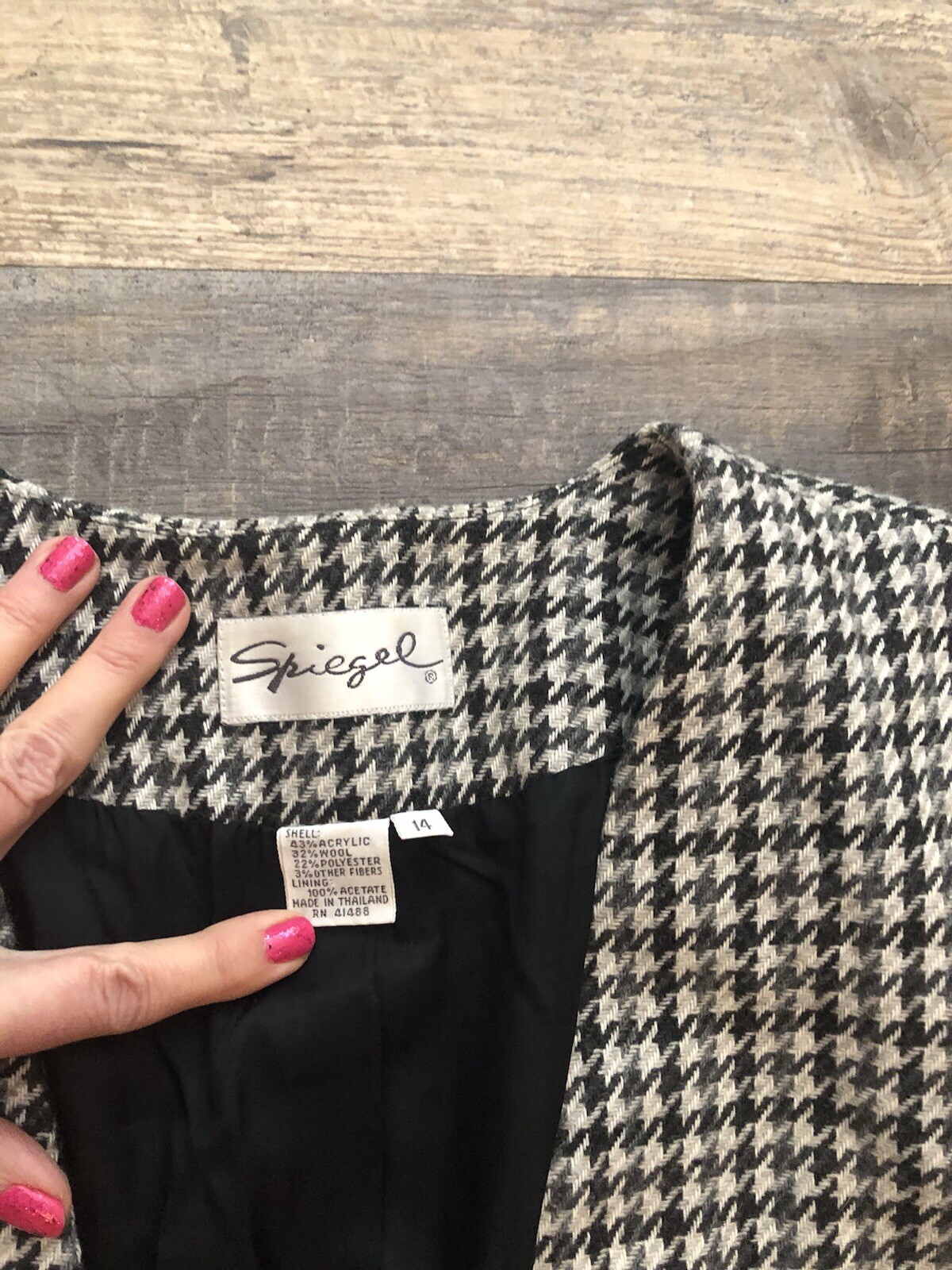 Spiegel Vintage Career Skirt Suit Black Tan Grey Houndstooth Wool Blend Size 14.